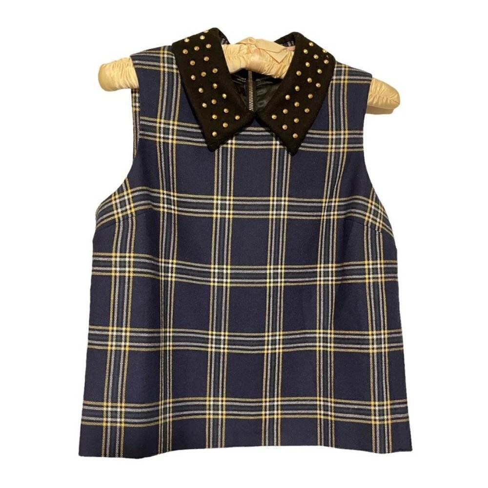 JUICY Couture Navy Blue plaid wool top with gold studded collar Size 4 Small
